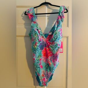 CELESTIAL BLUE CAY TO MY HEART - Huey Ruffle one piece bathing suit 
Size: 16